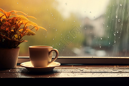 窗台上的咖啡图片