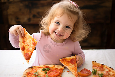 小女孩拿着披萨图片
