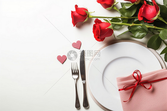 餐盘边的玫瑰图片