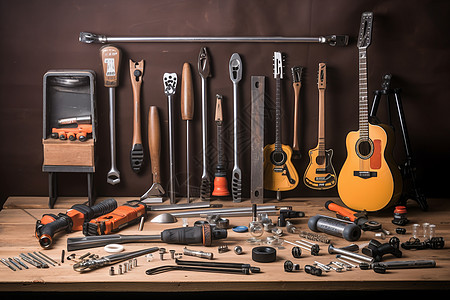 乐器配件工具与乐器的摆放背景