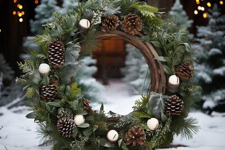 圣诞拱门松果的圣诞花环背景