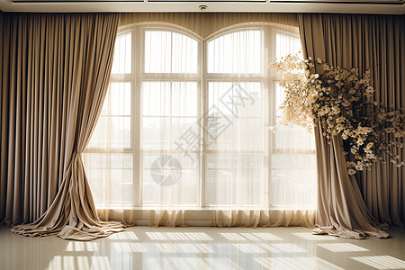 窗户上的大窗帘和窗前花瓶。图片