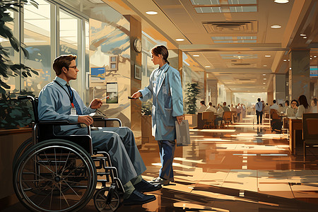 医生和病人在医院走廊中交谈图片