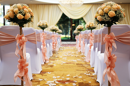 蝴蝶结和鲜花布置精美的婚礼现场背景