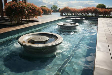 池水中的圆形喷泉图片