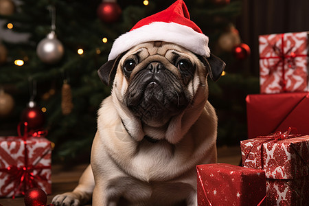 可爱的宠物狗戴着圣诞帽子坐在地上图片