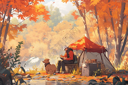 秋日森林的帐篷和狗图片