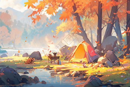 森林的帐篷和风景图片