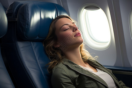 女士闭上双眼头斜靠在飞机座椅上图片