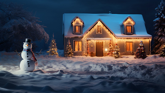 白雪覆盖的房子和雪人图片