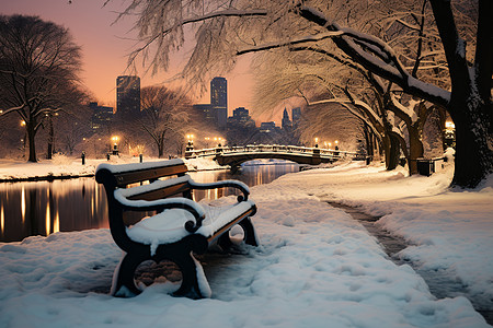 公园夜景长椅上的雪背景