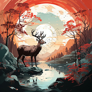 森林的鹿浪漫插图图片
