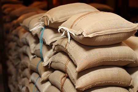 粮食包装米袋堆在仓库里背景