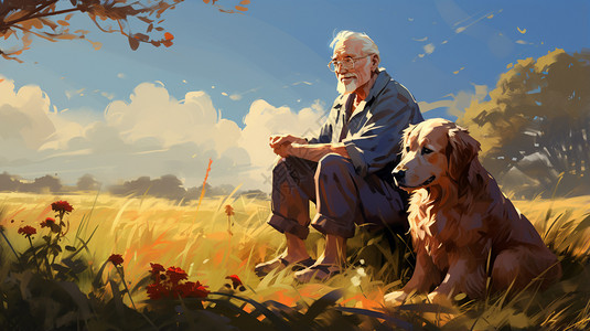 坐在田野上的老人和狗图片