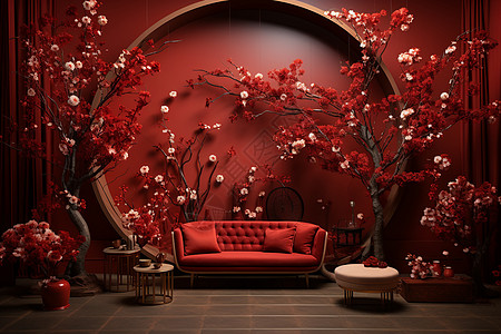 红墙下的沙发背景图片