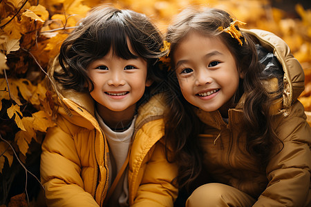 秋叶堆中的微笑图片
