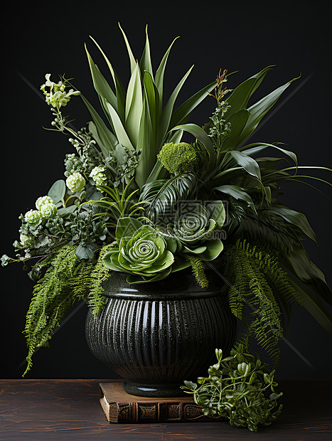 黑色花瓶中的植物图片