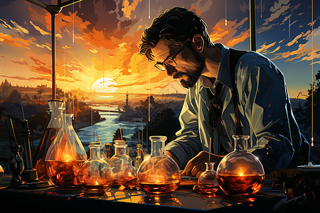 实验室中夕阳下的玻璃器皿图片