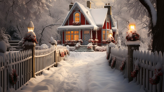 冬季红色房子侧面有白色栅栏图片