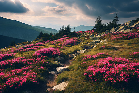 山顶上的粉色花朵高清图片