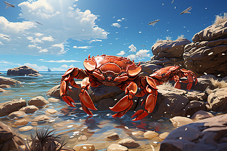 螃蟹对抗海滩背景的动态插画图片