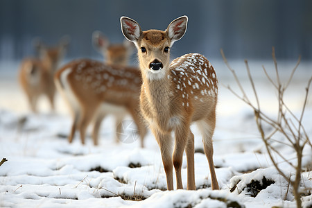 一群鹿站在覆雪的田野上图片