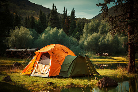 清晨草地上的帐篷图片