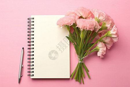 笔记本和康乃馨花束图片