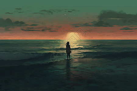 海边凝望夕阳的女人图片