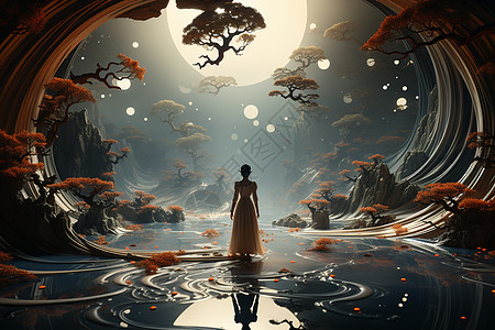 女子站在月光下平静的湖面边图片
