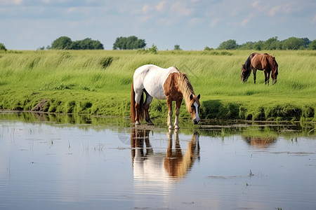 草原上喝水的马图片