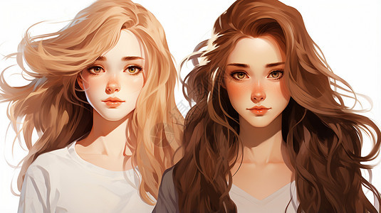 两位长头发的女孩图片
