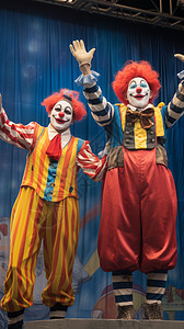 在舞台上素材两个小丑举手在舞台上表演背景