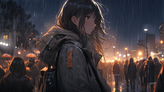 雨夜女孩在街道行走图片
