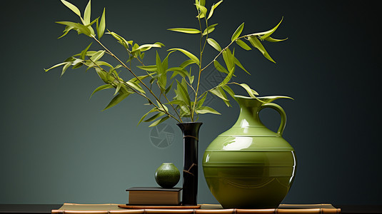 竹子和绿色花瓶背景图片