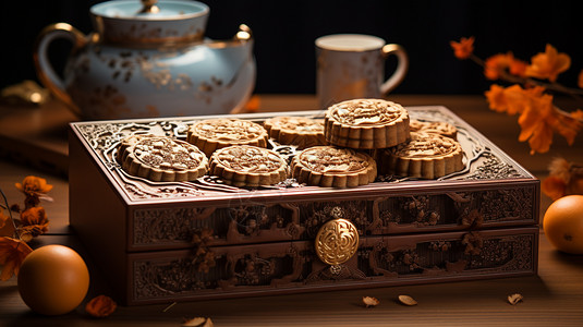 月饼盒和茶壶美味的月饼背景