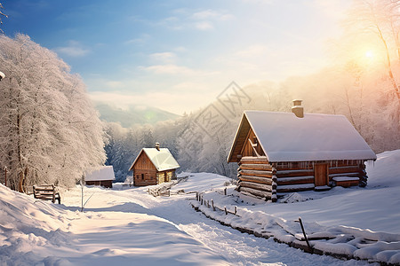 雪中的木屋图片