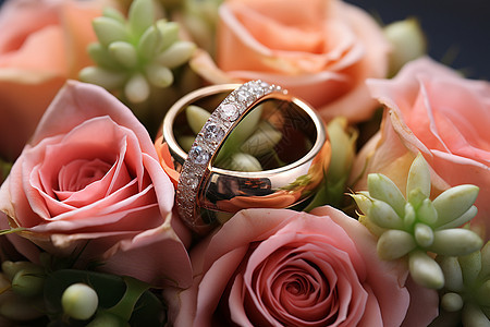 婚庆花束上摆放着结婚戒指图片