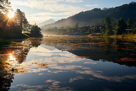 一体两翼美丽的山水一体照背景