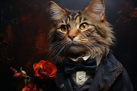 鲜花和绅士猫咪图片