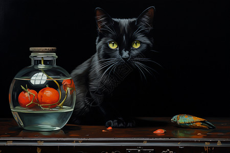 桌上的黑色猫咪高清图片