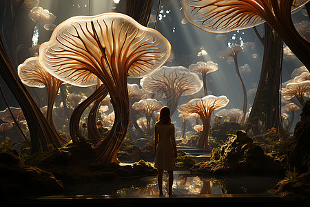 森林蘑菇下的女人图片