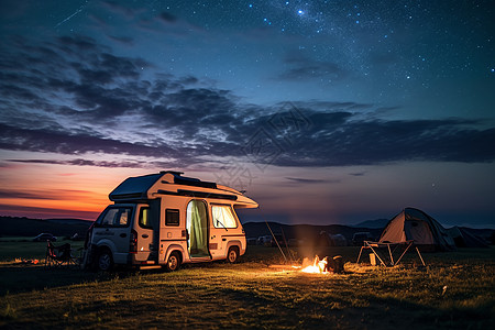 夜晚书桌夜晚户外的露营车背景