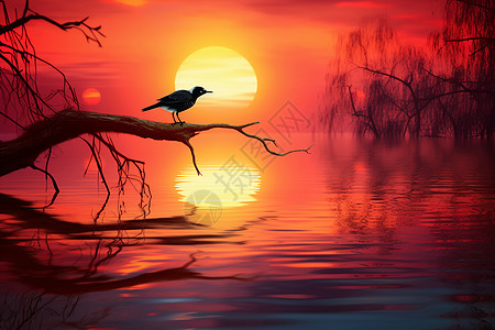 日落下的鸟语枝影景色图片