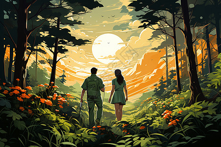 森林中的探险的夫妻图片