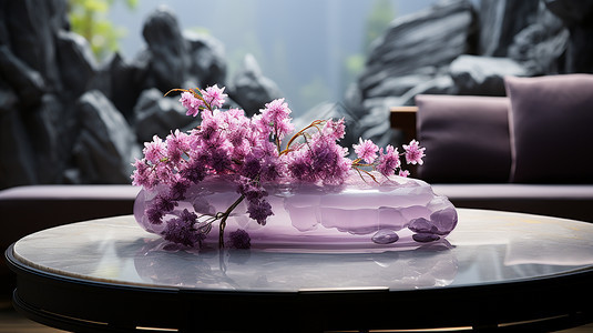 桌子上紫色的花图片