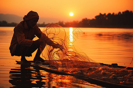 渔民在日出时刻撒渔网图片