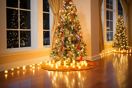圣诞树旁摆满了蜡烛背景图片