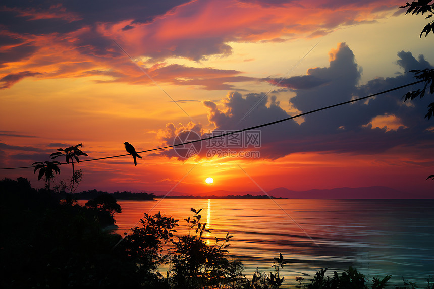 夕阳下海上电线杆上的一只鸟图片