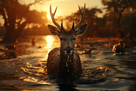 野鹿在日出逆光下背景图片